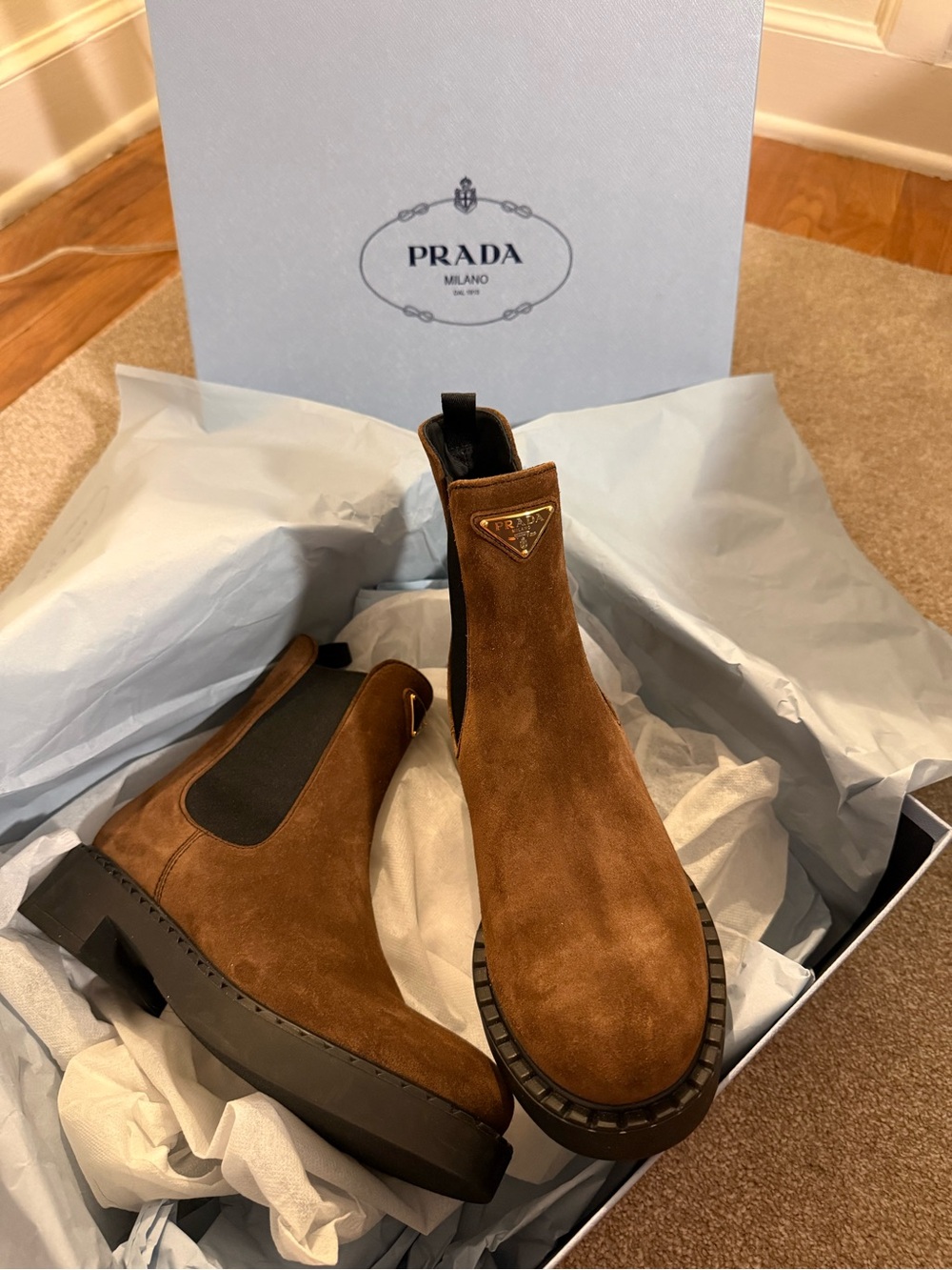 Prada Brown Suede Chelsea Boots with Black Elastic Panels